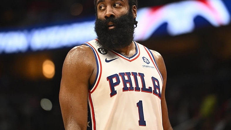 Oct 31, 2022; Washington, District of Columbia, USA; Philadelphia 76ers guard James Harden (1) on the court against the Washington Wizards during the second half at Capital One Arena. Mandatory Credit: Brad Mills-USA TODAY Sports