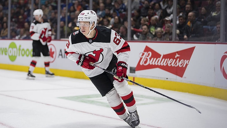 Nov 1, 2022; Vancouver, British Columbia, CAN; New Jersey Devils forward Jesper Bratt (63) skates against the Vancouver Canucks in the third period at Rogers Arena. The Devils won 5-2. Mandatory Credit: Bob Frid-USA TODAY Sports