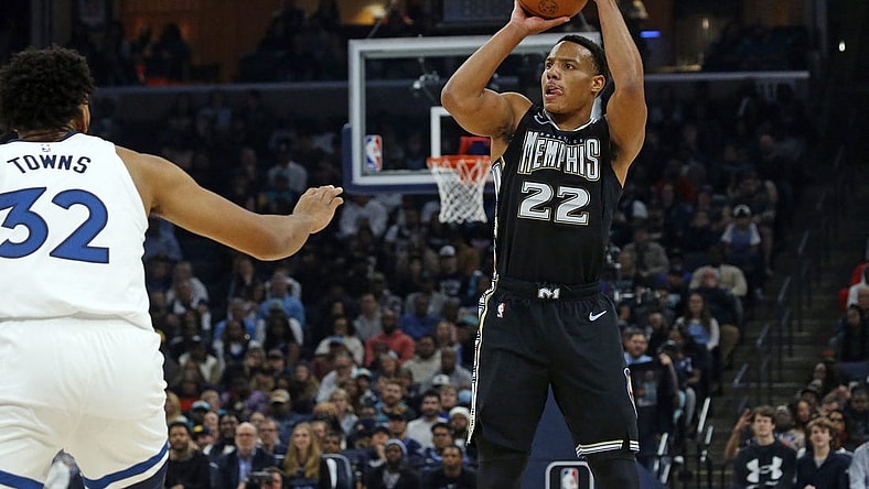 Nov 11, 2022; Memphis, Tennessee, USA; Memphis Grizzlies guard Desmond Bane (22) shoots for three during the first half against the Minnesota Timberwolves at FedExForum. Mandatory Credit: Petre Thomas-USA TODAY Sports