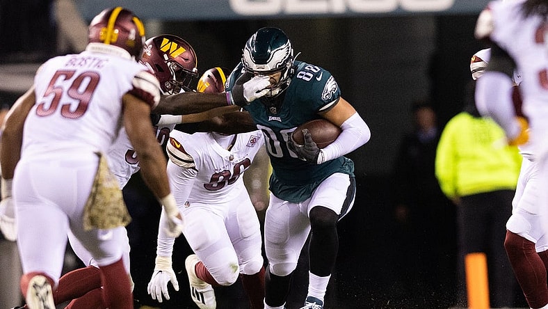 Nov 14, 2022; Philadelphia, Pennsylvania, USA; Philadelphia Eagles tight end Dallas Goedert (88) is tackled by the Washington Commanders at Lincoln Financial Field. Mandatory Credit: Bill Streicher-USA TODAY Sports