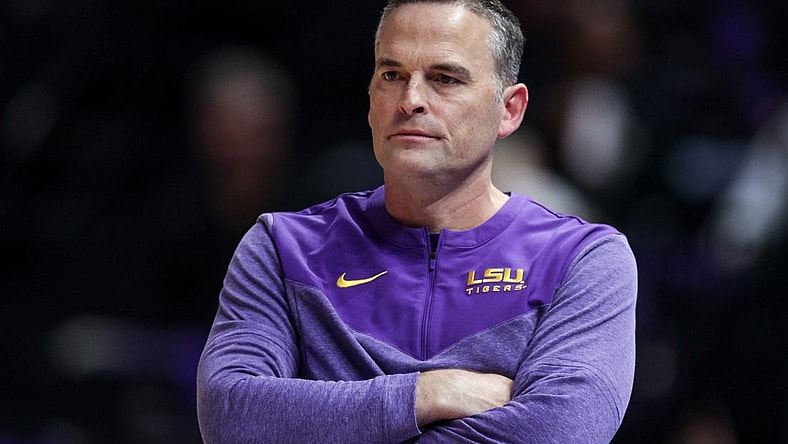 Nov 17, 2022; Baton Rouge, Louisiana, USA; LSU Tigers head coach Matt McMahon looks on against the New Orleans Privateers during the second half at Pete Maravich Assembly Center. Mandatory Credit: Stephen Lew-USA TODAY Sports