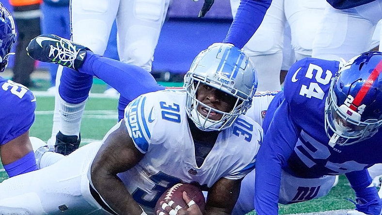 Nov 20, 2022; East Rutherford, NJ, USA;  Detroit Lions running back Jamaal Williams (30) scores touchdown in the first half against the New York Giants at MetLife Stadium. Mandatory Credit: Robert Deutsch-USA TODAY Sports