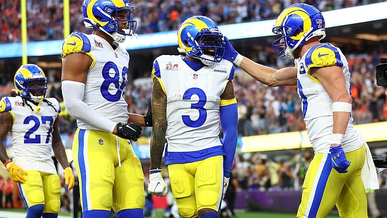 Feb 13, 2022; Inglewood, CA, USA; Los Angeles Rams wide receiver Cooper Kupp (right) celebrates with wide receiver Odell Beckham Jr. (3) after catching a touchdown pass against the Cincinnati Bengals during the second quarter in Super Bowl LVI at SoFi Stadium. Mandatory Credit: Mark J. Rebilas-USA TODAY Sports