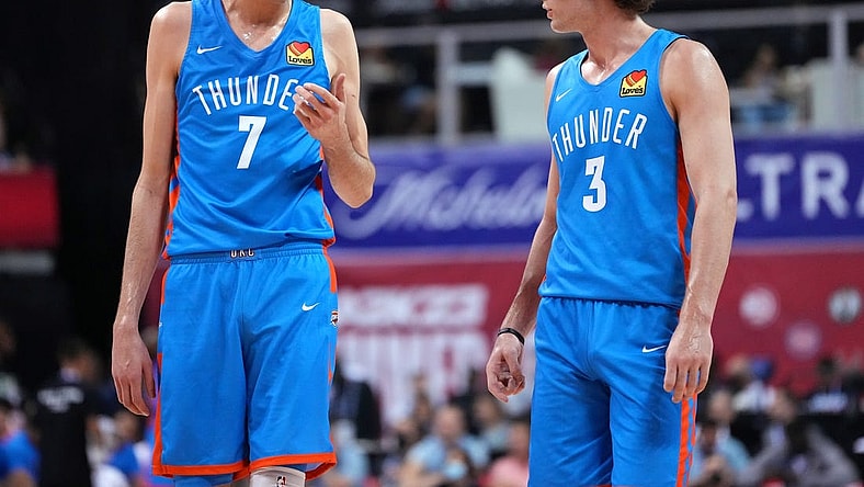 Jul 9, 2022; Las Vegas, NV, USA; Oklahoma City Thunder forward Chet Holmgren (7) talks to guard Josh Giddey (3) during an NBA Summer League game against the Houston Rockets at Thomas & Mack Center. Mandatory Credit: Stephen R. Sylvanie-USA TODAY Sports