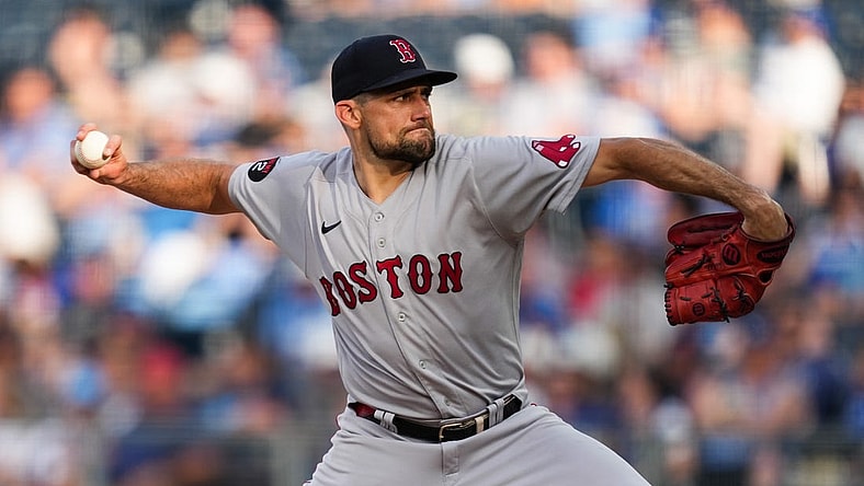 Aug 6, 2022; Kansas City, Missouri, USA; Boston Red Sox starting pitcher Nathan Eovaldi (17) pitches against the Kansas City Royals during the second inning at Kauffman Stadium. Mandatory Credit: Jay Biggerstaff-USA TODAY Sports