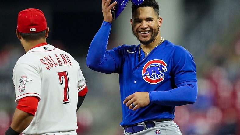 Oct 4, 2022; Cincinnati, Ohio, USA; Chicago Cubs catcher Willson Contreras (40) during the eighth inning against the Cincinnati Reds at Great American Ball Park. Mandatory Credit: Katie Stratman-USA TODAY Sports