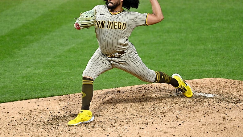 Oct 22, 2022; Philadelphia, Pennsylvania, USA; San Diego Padres starting pitcher Sean Manaea (55) pitches in the fourth inning during game four of the NLCS against the Philadelphia Phillies for the 2022 MLB Playoffs at Citizens Bank Park. Mandatory Credit: Kyle Ross-USA TODAY Sports