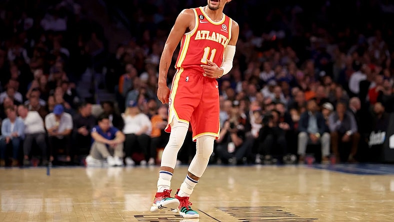 Nov 2, 2022; New York, New York, USA; Atlanta Hawks guard Trae Young (11) reacts towards the fans after a three point shot against the New York Knicks during the second quarter at Madison Square Garden. Mandatory Credit: Brad Penner-USA TODAY Sports