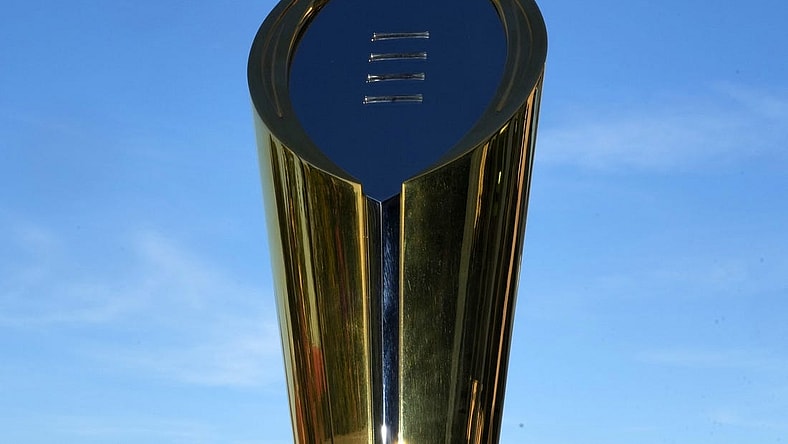 Nov 17, 2022; Los Angeles, California, USA; The College Football Playoff National Championship trophy at CFP press conference at Banc of California Stadium. Mandatory Credit: Kirby Lee-USA TODAY Sports