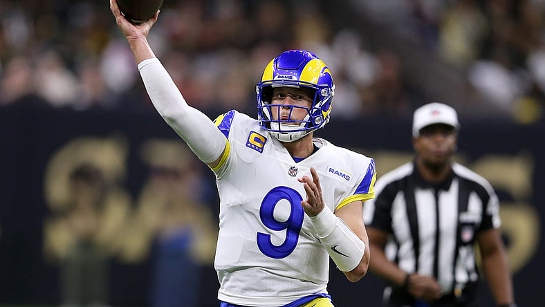Nov 20, 2022; New Orleans, Louisiana, USA; Los Angeles Rams quarterback Matthew Stafford (9) makes a throw in the second quarter against the New Orleans Saints at the Caesars Superdome. Mandatory Credit: Chuck Cook-USA TODAY Sports