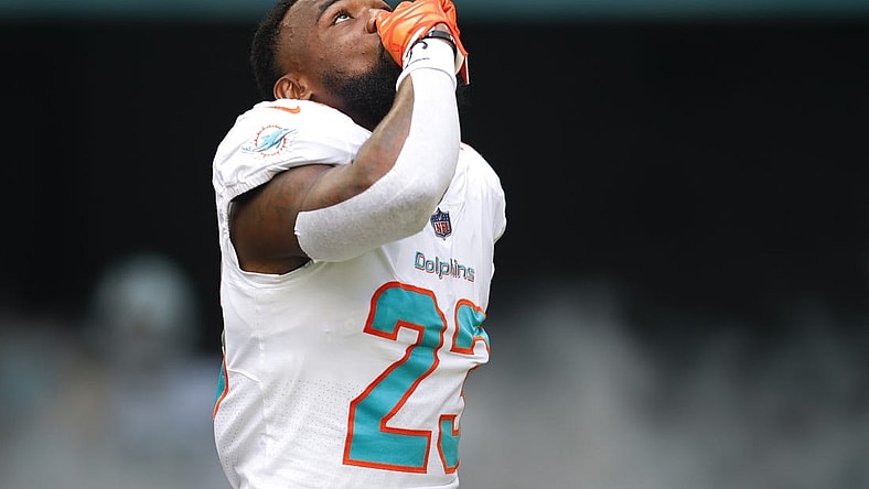 Nov 27, 2022; Miami Gardens, Florida, USA; Miami Dolphins running back Jeff Wilson Jr. (23) takes the field prior to a game against the Houston Texans at Hard Rock Stadium. Mandatory Credit: Sam Navarro-USA TODAY Sports
