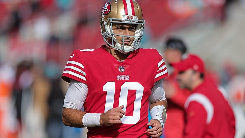 Dec 4, 2022; Santa Clara, California, USA; San Francisco 49ers quarterback Jimmy Garoppolo (10) before the game against the Miami Dolphins at Levi's Stadium. Mandatory Credit: Sergio Estrada-USA TODAY Sports
