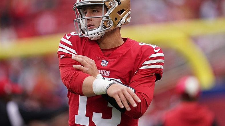 Dec 11, 2022; Santa Clara, California, USA; San Francisco 49ers quarterback Brock Purdy (13) follows through on a pass before the start of the game against the Tampa Bay Buccaneers at Levi's Stadium. Mandatory Credit: Cary Edmondson-USA TODAY Sports