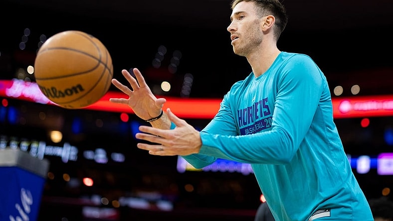 Dec 11, 2022; Philadelphia, Pennsylvania, USA; Charlotte Hornets forward Gordon Hayward warms up before action against the Philadelphia 76ers at Wells Fargo Center. Mandatory Credit: Bill Streicher-USA TODAY Sports