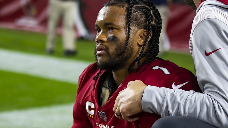 Dec 12, 2022; Glendale, Arizona, USA; Arizona Cardinals quarterback Kyler Murray reacts after suffering an injury against the New England Patriots in the first half at State Farm Stadium. Mandatory Credit: Mark J. Rebilas-USA TODAY Sports