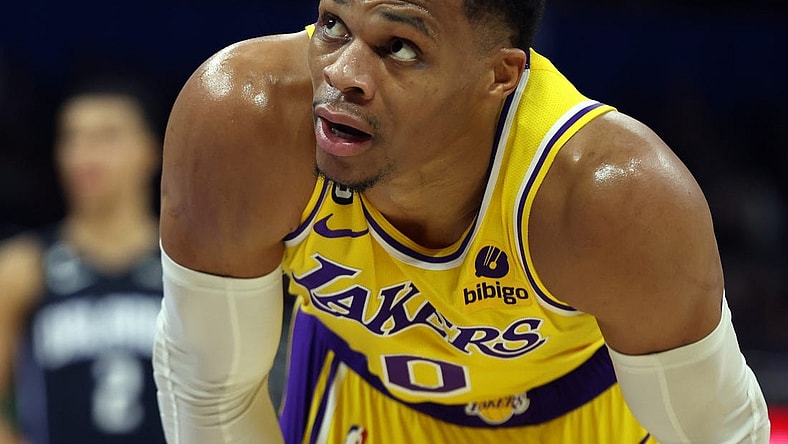 Dec 27, 2022; Orlando, Florida, USA; Los Angeles Lakers guard Russell Westbrook (0) looks on against the Orlando Magic during the second half at Amway Center. Mandatory Credit: Kim Klement-USA TODAY Sports