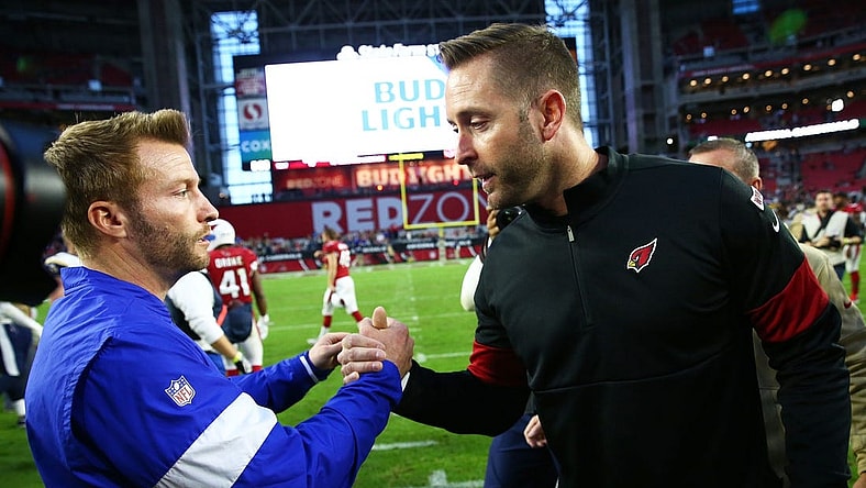 Los Angeles head coach Sean McVay greets Arizona head coach Kliff Kingsbury after the Rams defeated the Cardinals 34-7 during a game on Dec. 1, 2019 in Glendale, Ariz.
Los Angeles Rams Vs Arizona Cardinals 2019