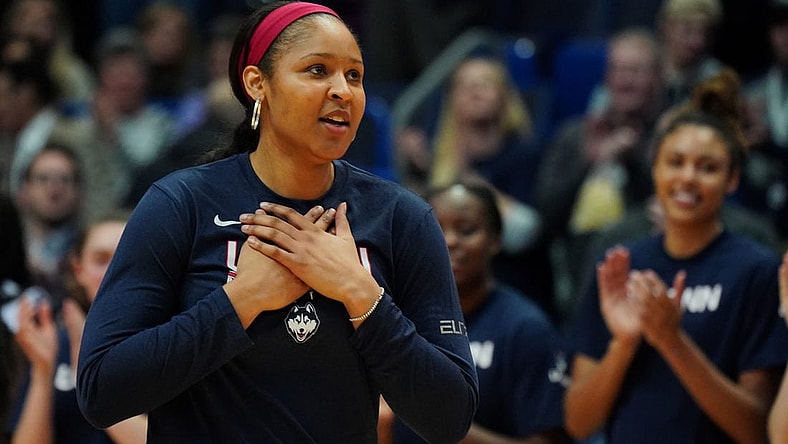 Jan 27, 2020; Hartford, Connecticut, USA; Former UConn Huskies player Maya Moore is honored before the game against the UConn Huskies and 2020 USA Womens National Team at XL Center. Mandatory Credit: David Butler II-USA TODAY Sports