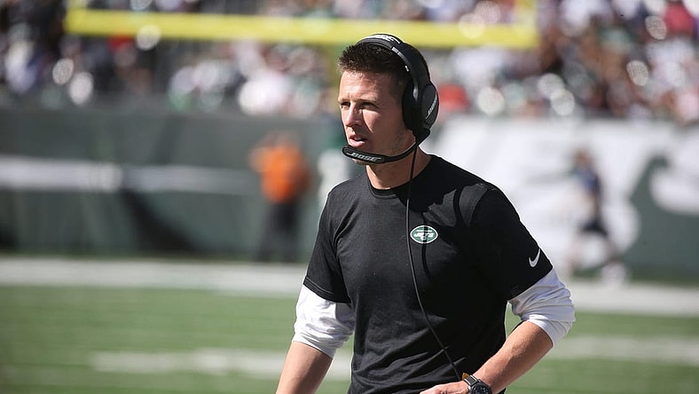 Offensive coordinator Mike LaFleur on the sidelines in the second half as the New England Patriots defeated the NY Jets 25-6 at MetLife Stadium in East Rutherford, NJ on September 19, 2021.

The New England Patriots Came To Play The Ny Jets At Metlife Stadium In East Rutherford Nj On September 19 2021