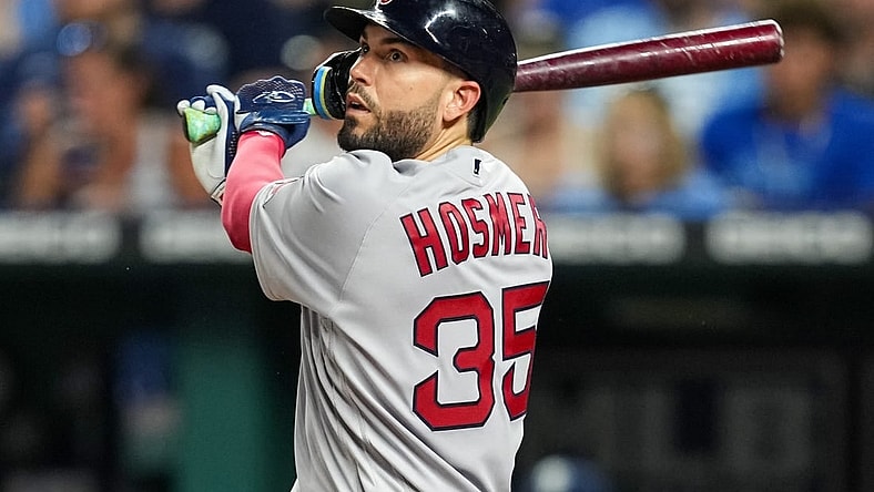 Aug 5, 2022; Kansas City, Missouri, USA; Boston Red Sox first baseman Eric Hosmer (35) bats against the Kansas City Royals during the sixth inning at Kauffman Stadium. Mandatory Credit: Jay Biggerstaff-USA TODAY Sports