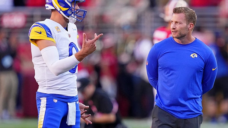 Oct 3, 2022; Santa Clara, California, USA; Los Angeles Rams quarterback Matthew Stafford (left) and head coach Sean McVay talk during warmups before the game against the San Francisco 49ers at Levi's Stadium. Mandatory Credit: Kyle Terada-USA TODAY Sports