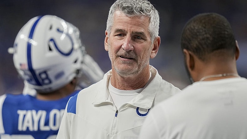 Oct 30, 2022; Indianapolis, Indiana, USA; Indianapolis Colts head coach Frank Reich talks on the field Sunday, Oct. 30, 2022, before a game against the Washington Commanders at Indianapolis Colts at Lucas Oil Stadium in Indianapolis. Mandatory Credit: Max Gersh/IndyStar-USA TODAY Sports