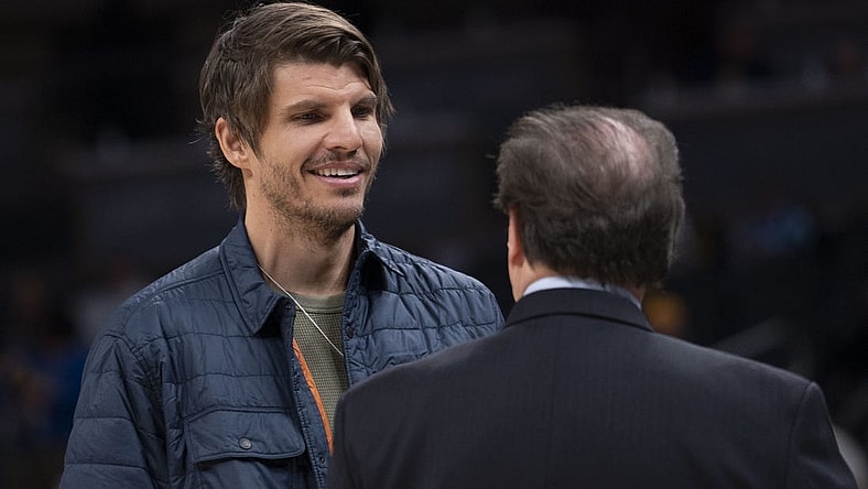 Dec 27, 2022; Indianapolis, Indiana, USA; Atlanta Hawk former player Kyle Korver looks on before the gam at Gainbridge Fieldhouse. Mandatory Credit: Armond Feffer-USA TODAY Sports