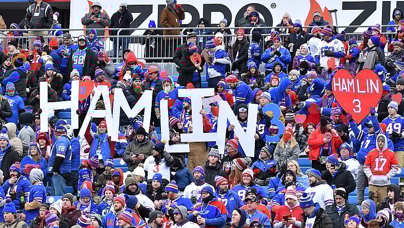 Jan 8, 2023; Orchard Park, New York, USA; Buffalo Bills fans show support for Damar Hamlin before a game against the New England Patriots at Highmark Stadium. Mandatory Credit: Mark Konezny-USA TODAY Sports