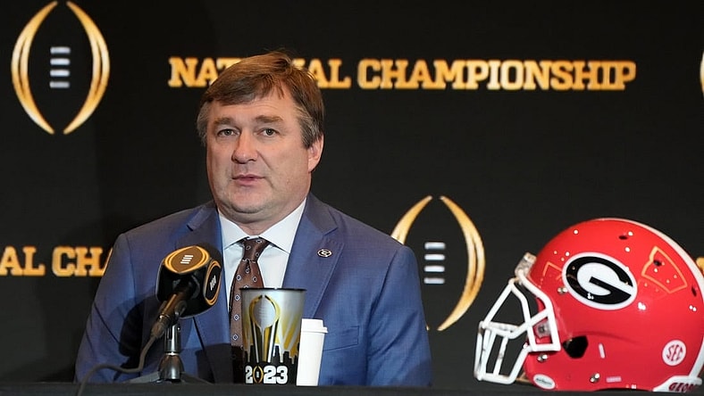 Jan 8, 2023; Los Angeles, CA, USA; Georgia Bulldogs coach Kirby Smart during the 2023 CFP National Championship head coaches press conference at the Los Angeles Airport Marriott. Mandatory Credit: Kirby Lee-USA TODAY Sports