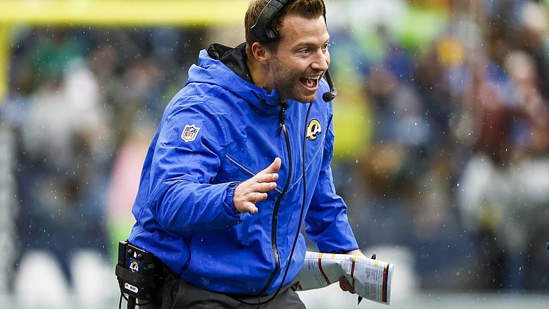 Jan 8, 2023; Seattle, Washington, USA; Los Angeles Rams head coach Sean McVay celebrates a touchdown against the Seattle Seahawks during the second quarter at Lumen Field. Mandatory Credit: Joe Nicholson-USA TODAY Sports