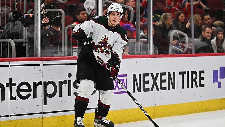 Jan 6, 2023; Chicago, Illinois, USA;   Arizona Coyotes defenseman Juuso Valimaki (4) skates against the Chicago Blackhawks at United Center. Mandatory Credit: Jamie Sabau-USA TODAY Sports
