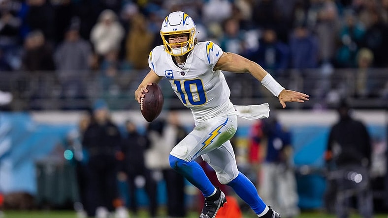 Jan 14, 2023; Jacksonville, Florida, USA; Los Angeles Chargers quarterback Justin Herbert (10) against the Jacksonville Jaguars during a wild card playoff game at TIAA Bank Field. Mandatory Credit: Mark J. Rebilas-USA TODAY Sports