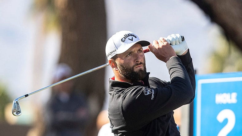 Jon Rahm hits his drive shot on hole two during the final round of The American Express on the Pete Dye Stadium Course at PGA West in La Quinta, Calif., Sunday, Jan. 22, 2023.