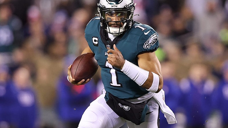 Jan 21, 2023; Philadelphia, Pennsylvania, USA; Philadelphia Eagles quarterback Jalen Hurts (1) in action against the New York Giants during an NFC divisional round game at Lincoln Financial Field. Mandatory Credit: Bill Streicher-USA TODAY Sports