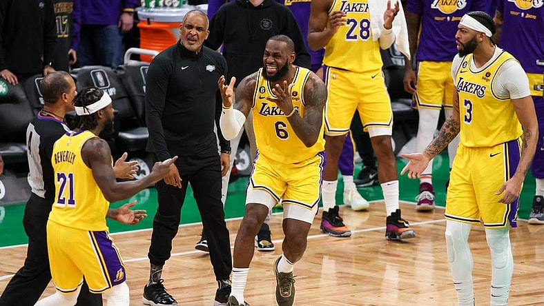 Jan 28, 2023; Boston, Massachusetts, USA; Los Angeles Lakers forward LeBron James (6) reacts during the second half against the Boston Celtics at TD Garden. Mandatory Credit: Paul Rutherford-USA TODAY Sports