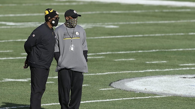 Dec 27, 2020; Pittsburgh, Pennsylvania, USA;  Pittsburgh Steelers assistant head coach John Mitchell (left) and head coach Mike Tomlin (right) look on before the Steelers hit the Indianapolis Colts at Heinz Field. Pittsburgh won 28-24. Mandatory Credit: Charles LeClaire-USA TODAY Sports