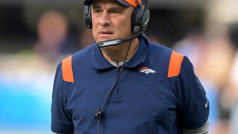 Jan 2, 2022; Inglewood, California, USA;  Denver Broncos head coach Vic Fangio looks on in the first quarter of the game against the Los Angeles Chargers at SoFi Stadium. Mandatory Credit: Jayne Kamin-Oncea-USA TODAY Sports