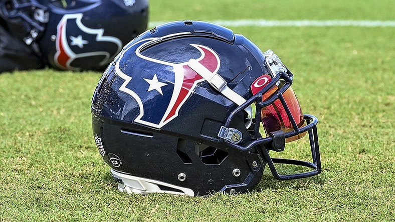 Aug 5, 2022; Houston, Texas, US; A general picture of a Houston Texans helmet after training camp at the Texans practice facility. Mandatory Credit: Maria Lysaker-USA TODAY Sports