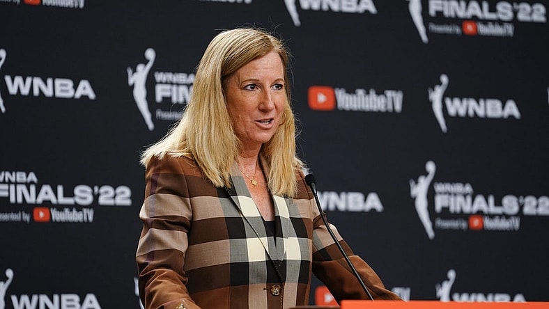 Sep 11, 2022; Las Vegas, Nevada, USA; WNBA commissioner Cathy Engelbert gives an opening statement to the media prior to game one of the 2022 WNBA Finals at Michelob Ultra Arena. Mandatory Credit: Lucas Peltier-USA TODAY Sports
