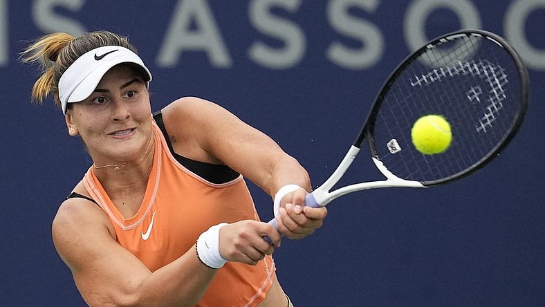 Oct 13, 2022; San Diego, California, US;  Bianca Andreescu of Canada hits the ball against Coco Gauff of the United States during the San Diego Open at Barnes Tennis Center. Mandatory Credit: Ray Acevedo-USA TODAY Sports