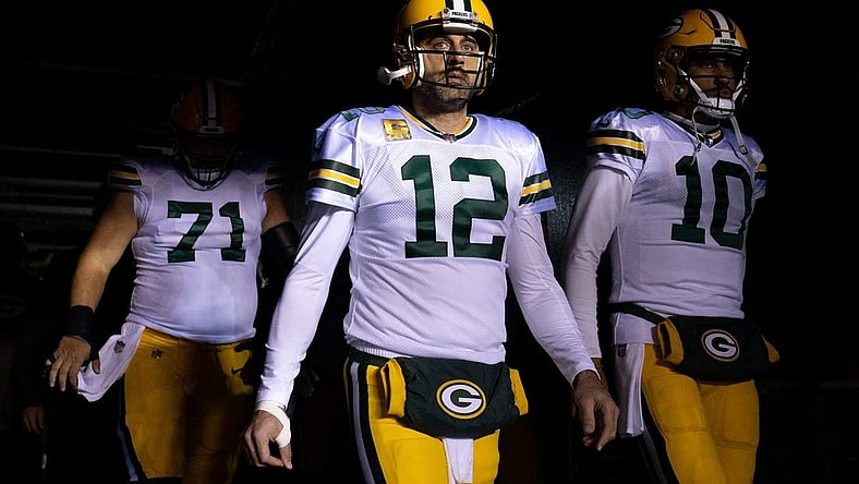 Nov 27, 2022; Philadelphia, Pennsylvania, USA; Green Bay Packers quarterback Aaron Rodgers (12) and quarterback Jordan Love (10) lead their team out of the tunnel before action Philadelphia Eagles at Lincoln Financial Field. Mandatory Credit: Bill Streicher-USA TODAY Sports