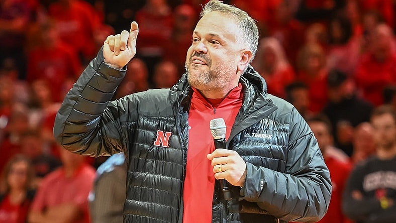 Dec 10, 2022; Lincoln, Nebraska, USA; Nebraska Cornhuskers head football coach Matt Rhule talks to the crowd during halftime of the game against the Purdue Boilermakers in the first half at Pinnacle Bank Arena. Mandatory Credit: Steven Branscombe-USA TODAY Sports