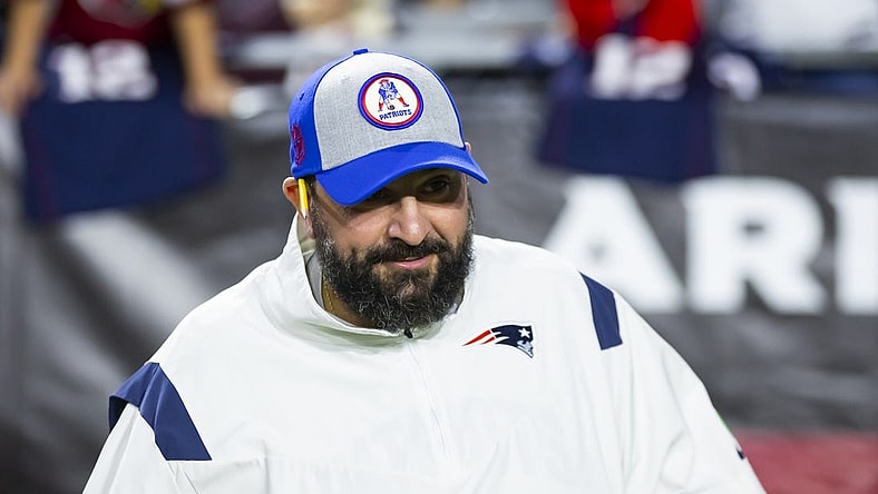 Dec 12, 2022; Glendale, Arizona, USA; New England Patriots offensive line coach Matt Patricia against the Arizona Cardinals at State Farm Stadium. Mandatory Credit: Mark J. Rebilas-USA TODAY Sports