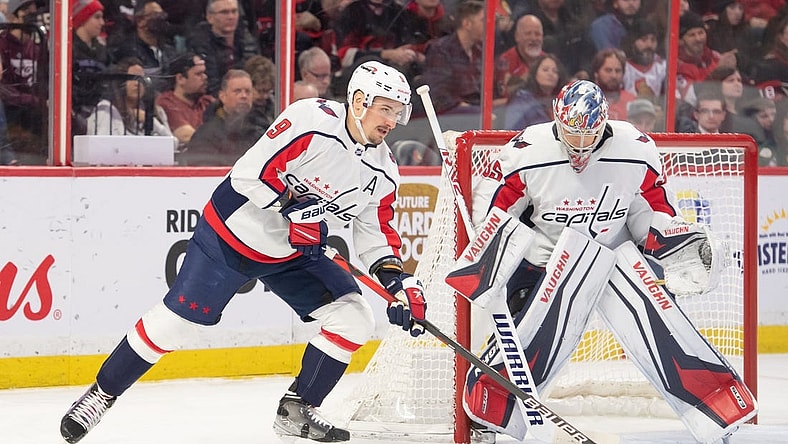 Dec 22, 2022; Ottawa, Ontario, CAN; Washington Capitals defenseman Dmitry Orlov (9) skates with the puck in the first period against the Ottawa Senators at the Canadian Tire Centre. Mandatory Credit: Marc DesRosiers-USA TODAY Sports