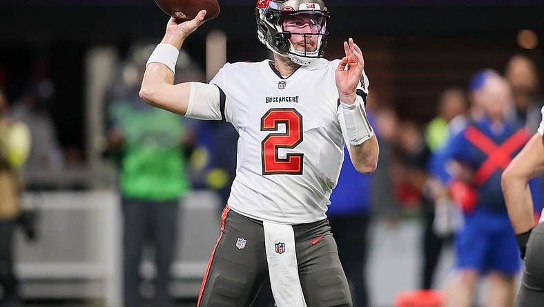 Jan 8, 2023; Atlanta, Georgia, USA; Tampa Bay Buccaneers quarterback Kyle Trask (2) throws a pass against the Atlanta Falcons in the second half at Mercedes-Benz Stadium. Mandatory Credit: Brett Davis-USA TODAY Sports