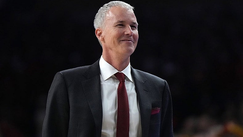 Jan 26, 2023; Los Angeles, California, USA; Southern California Trojans head coach Amdy Enfield reacts in the second half against the UCLA Bruins at Galen Center. Mandatory Credit: Kirby Lee-USA TODAY Sports