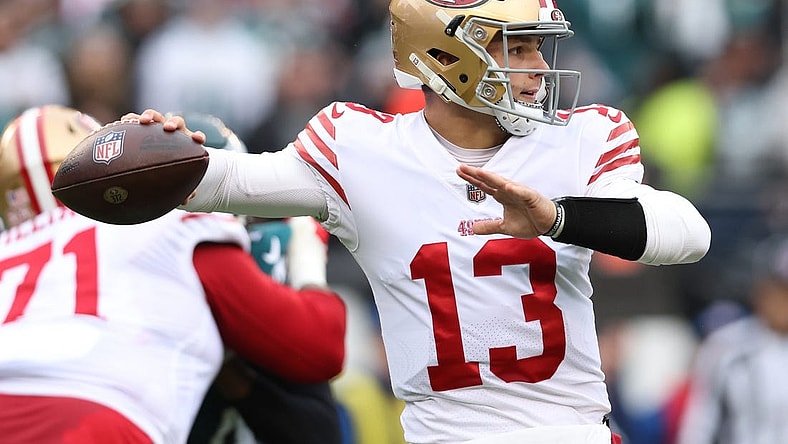 Jan 29, 2023; Philadelphia, Pennsylvania, USA; San Francisco 49ers quarterback Brock Purdy (13) throws a pass against the Philadelphia Eagles during the first quarter in the NFC Championship game at Lincoln Financial Field. Mandatory Credit: Bill Streicher-USA TODAY Sports