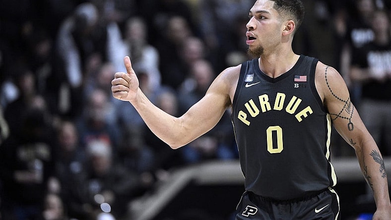 Feb 1, 2023; West Lafayette, Indiana, USA;  Purdue Boilermakers forward Mason Gillis (0) gives a thumbs up to the bench during the second half against the Penn State Nittany Lions at Mackey Arena. The Boilermakers won 80 to 60.  Mandatory Credit: Marc Lebryk-USA TODAY Sports