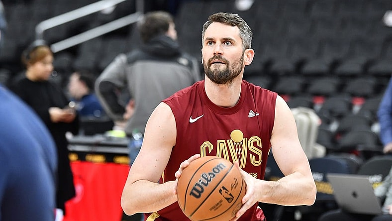 Feb 6, 2023; Washington, District of Columbia, USA; Cleveland Cavaliers forward Kevin Love (0) warms up before the game between the Washington Wizards and the Cleveland Cavaliers at Capital One Arena. Mandatory Credit: Brad Mills-USA TODAY Sports