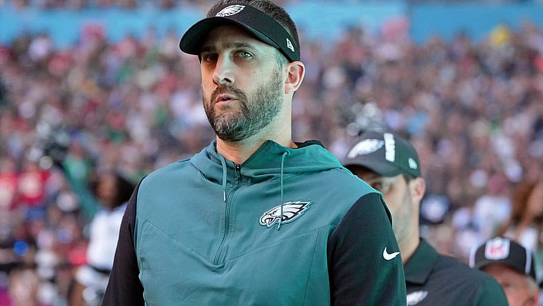 Feb 12, 2023; Glendale, Arizona, US; Philadelphia Eagles head coach Nick Sirianni walks on the field before Super Bowl LVII against the Kansas City Chiefs at State Farm Stadium. Mandatory Credit: Kirby Lee-USA TODAY Sports